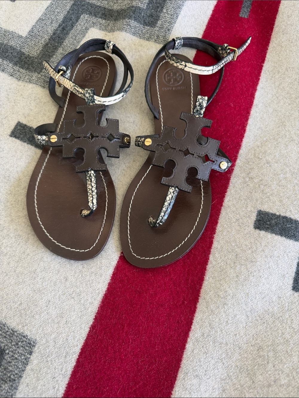 Tory Burch Brown Leather Logo Thong Sandals with Snake-Print Straps